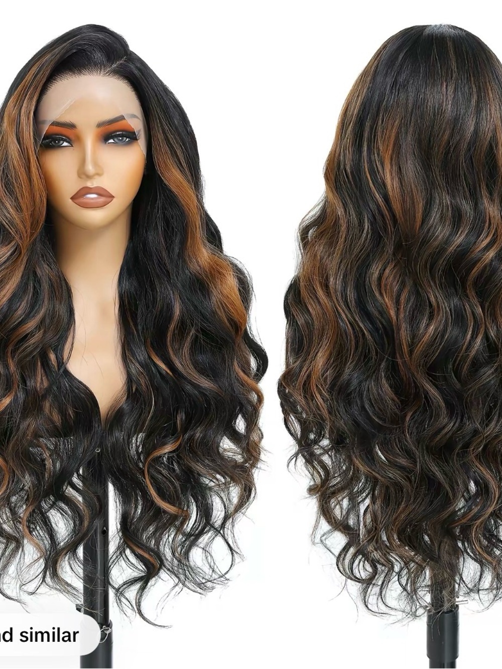 Long Wavy Black Wig with Warm Brown Highlights - Women Hair